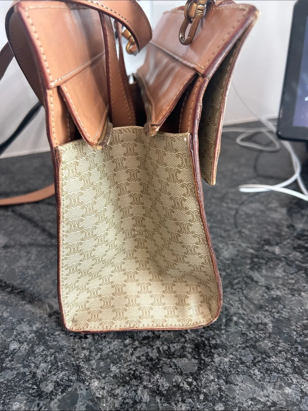 CELINE Beige Triomphe Canvas Satchel with Tan Leather Trim 10”X9”X4,5